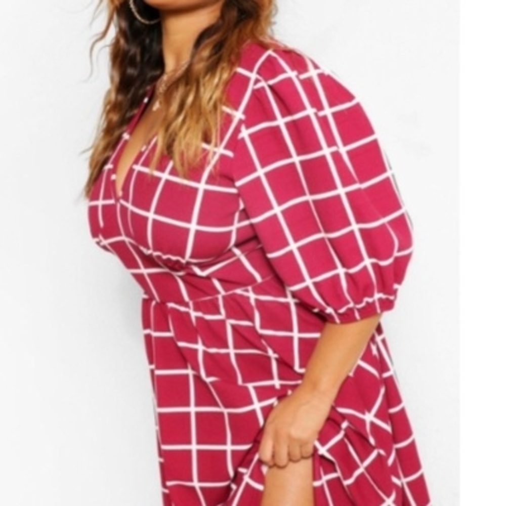 Boohoo Burgundy Grid Pattern Dress